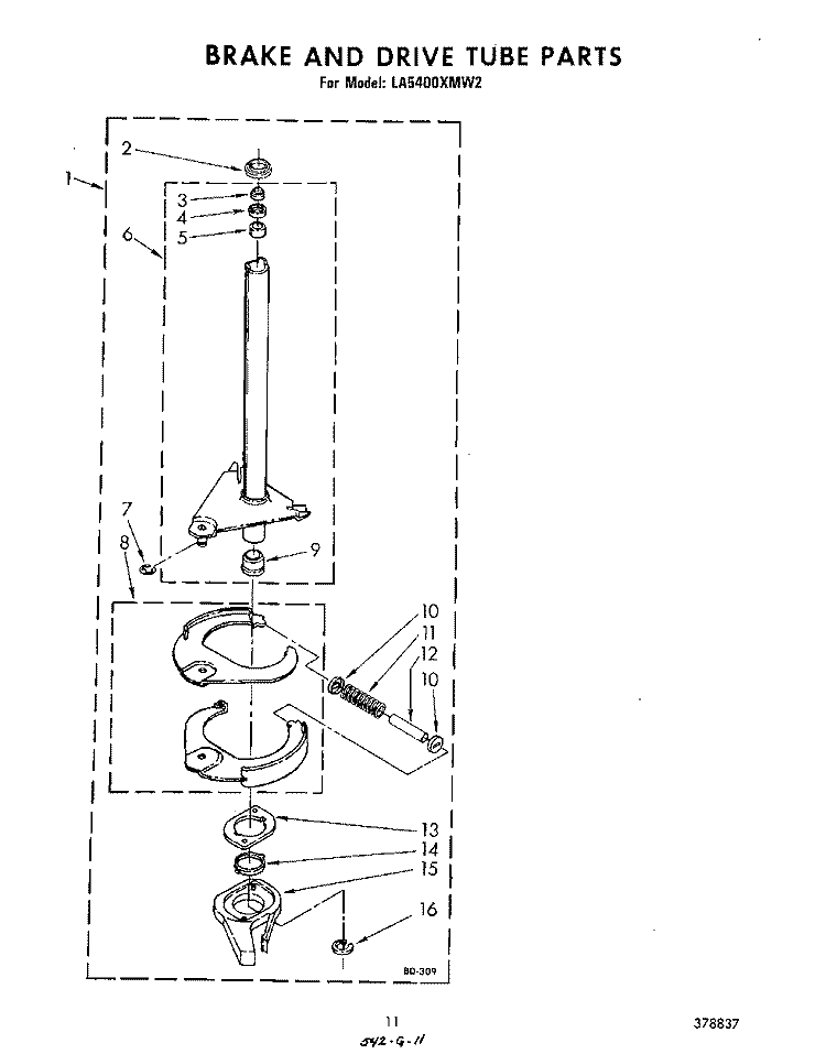 BRAKE AND DRIVE TUBE Diagram and Parts List for LA5400XMW2  Whirlpool Washer