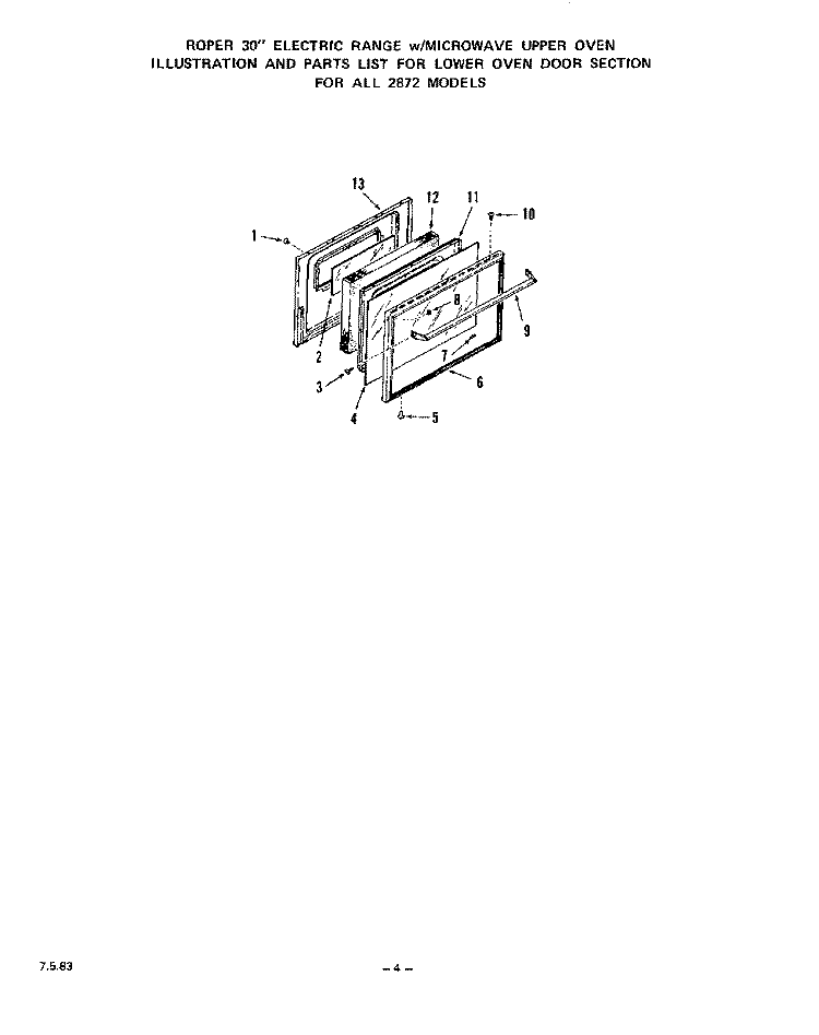 LOWER OVEN DOOR Diagram and Parts List for 2872^0A  Whirlpool Microwave Oven Combo