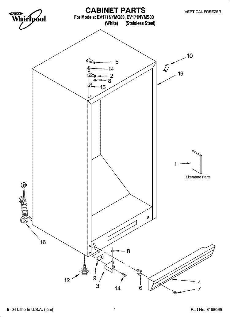 CABINET PARTS Diagram and Parts List for EV171NYMQ03  Whirlpool Freezer