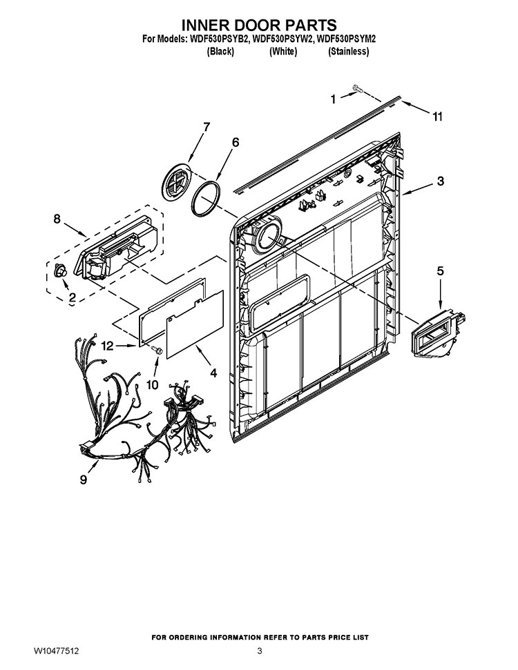 INNER DOOR PARTS Diagram and Parts List for WDF530PSYB2  Whirlpool Dishwasher