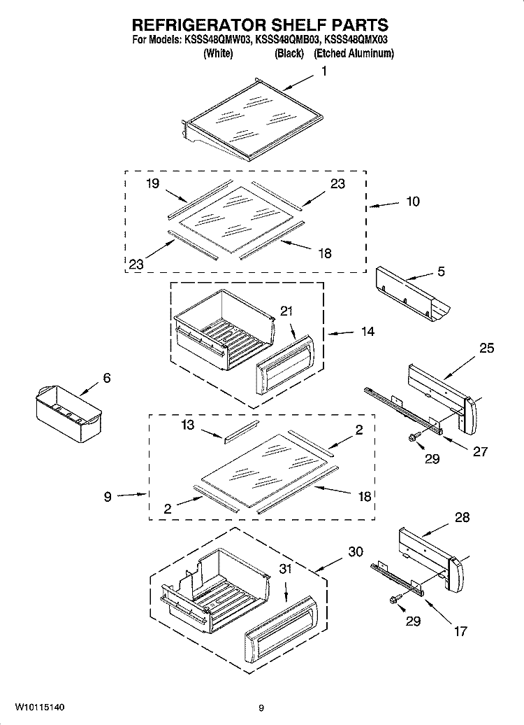 REFRIGERATOR SHELF PARTS Diagram and Parts List for KSSS48QMB03  KitchenAid Refrigerator