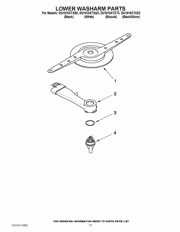 LOWER WASHARM PARTS Diagram and Parts List for DU1010XTXD3  Whirlpool Dishwasher