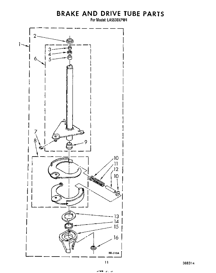BRAKE AND DRIVE TUBE Diagram and Parts List for LA5530XPW4  Whirlpool Washer