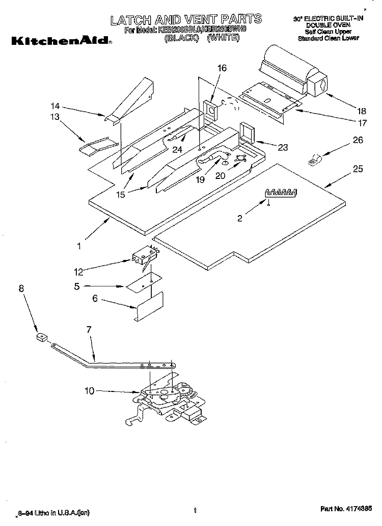 LATCH AND VENT, LITERATURE Diagram and Parts List for KEBI200BBL0  KitchenAid Wall Oven