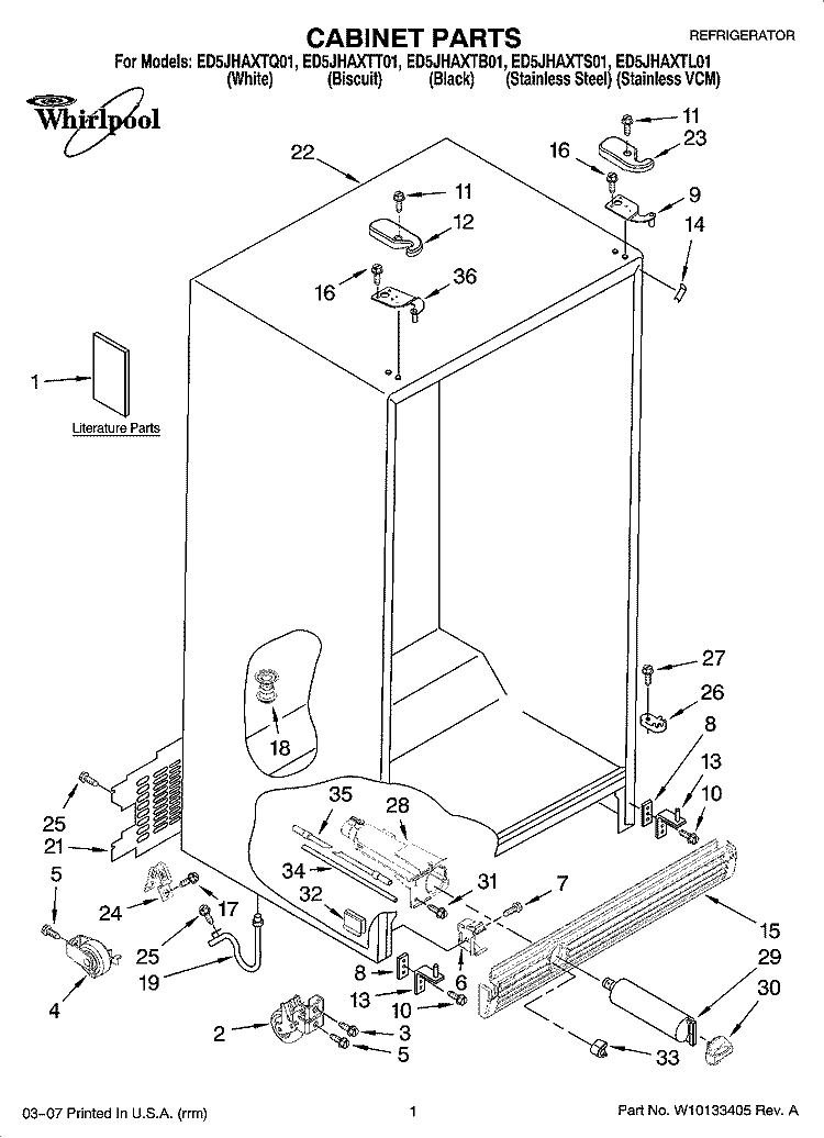 CABINET PARTS Diagram and Parts List for ED5JHAXTS01  Whirlpool Refrigerator