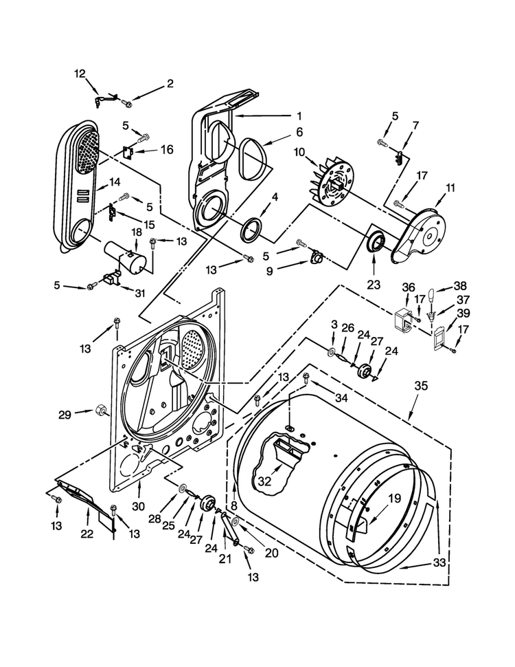 Bulkhead Parts Diagram and Parts List for 7MWGD1800EM0  Whirlpool Dryer