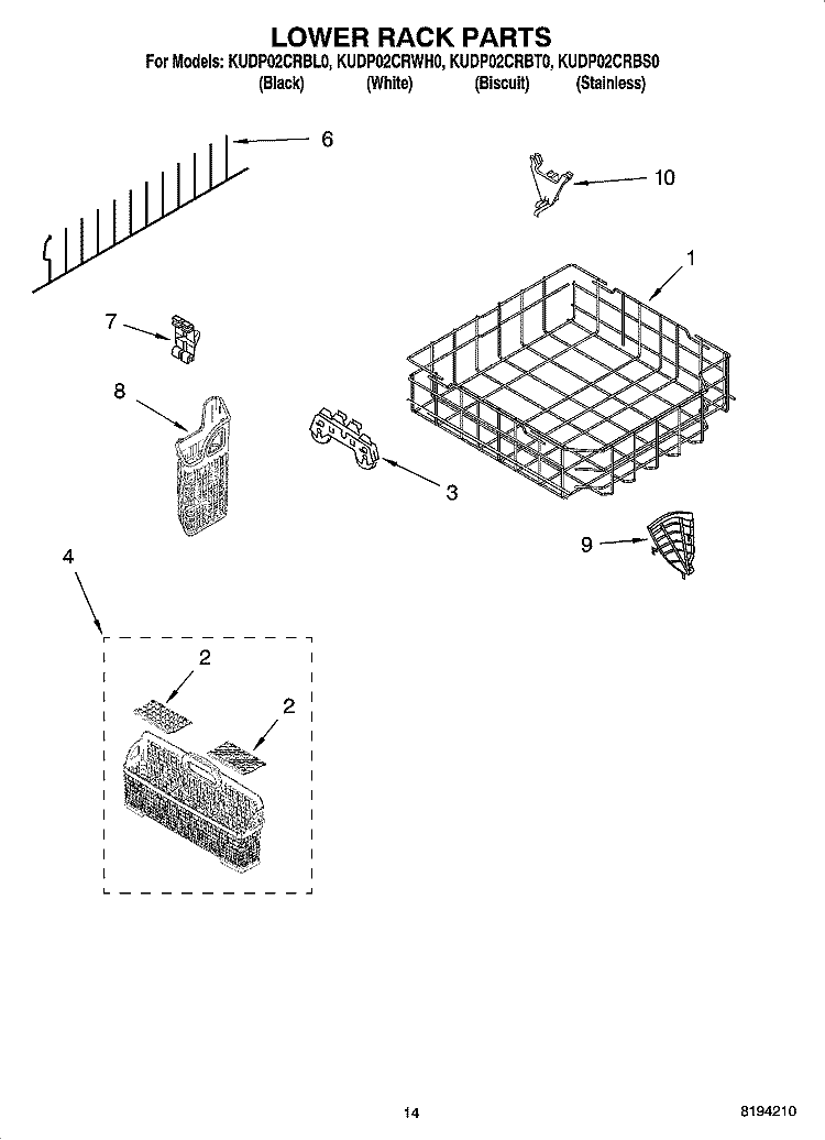 LOWER RACK PARTS, OPTIONAL PARTS (NOT INCLUDED) Diagram and Parts List for KUDP02CRBT0  KitchenAid Dishwasher