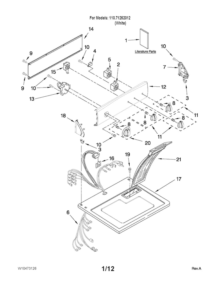 Top And Console Parts Diagram and Parts List for 11071252012  Kenmore Dryer