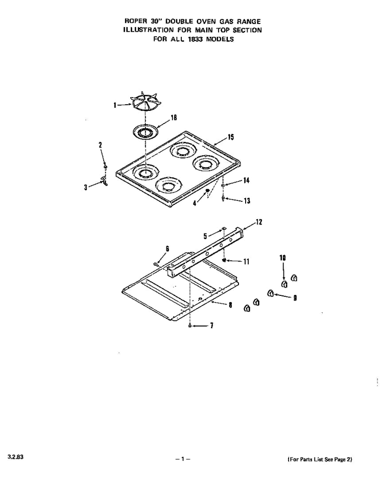 Main Top Diagram and Parts List for 1833*0A  Roper Wall Oven