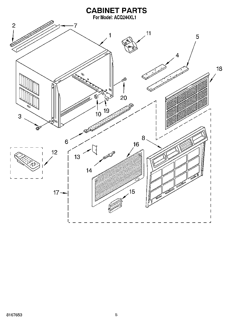 CABINET PARTS Diagram and Parts List for ACQ244XL1  Whirlpool Air Conditioner