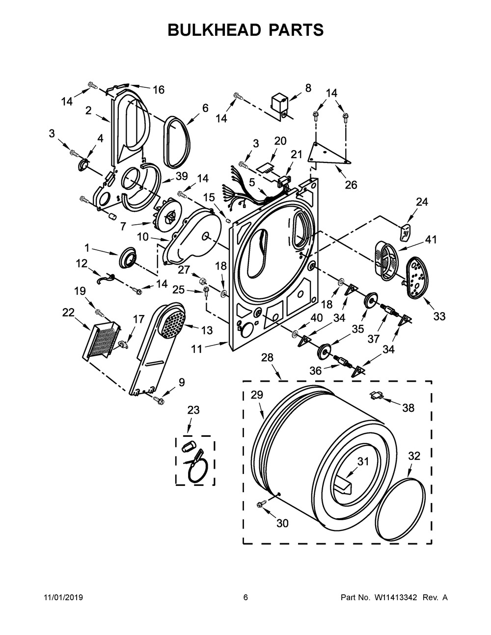 Bulkhead Parts Diagram and Parts List for 8TLDR3822HQ0  Whirlpool Dryer