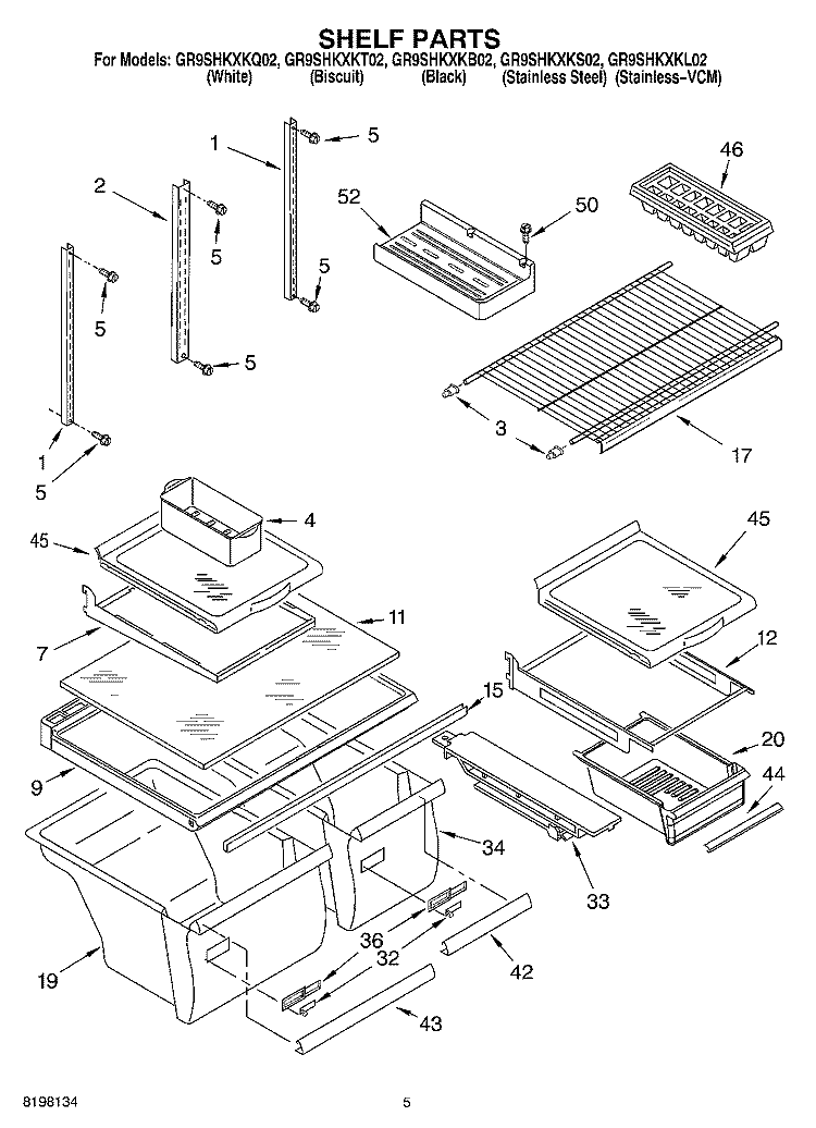 SHELF Diagram and Parts List for GR9SHKXKT02  Whirlpool Refrigerator