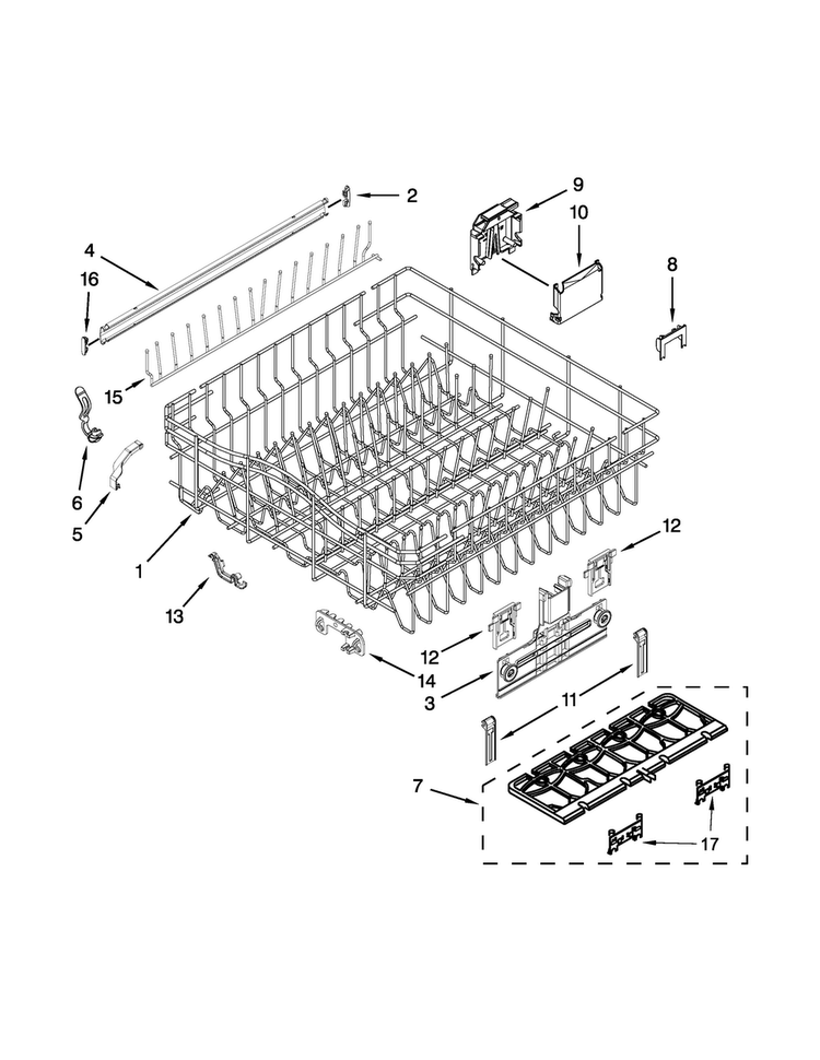 Upper Rack And Track Parts Diagram and Parts List for 7WDT950SAYM3  Whirlpool Dishwasher