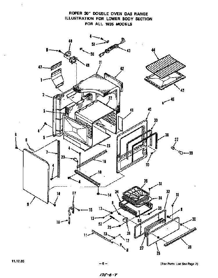 Lower Body Diagram and Parts List for 1835*1A  Roper Range
