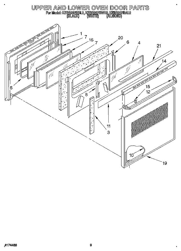 UPPER AND LOWER OVEN DOOR Diagram and Parts List for KEBS207BAL2  KitchenAid Wall Oven