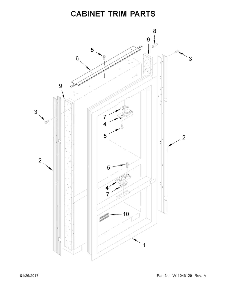 Cabinet Trim Parts Diagram and Parts List for KBFN406ESS01  KitchenAid Refrigerator