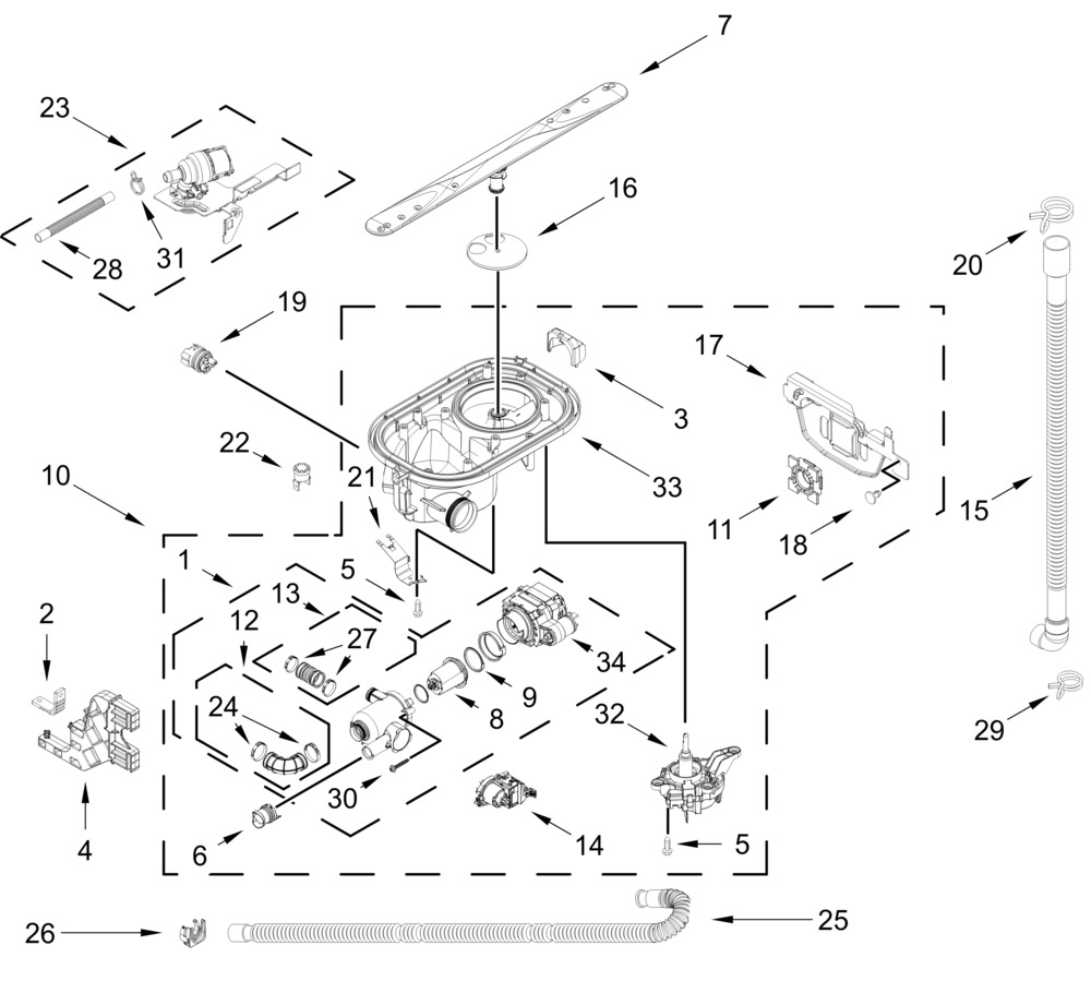 Pump, Washarm And Motor Parts Diagram and Parts List for MDPS7024SW0 MDPS7024SZ0-MDPS7024SB0 Whirlpool Dishwasher