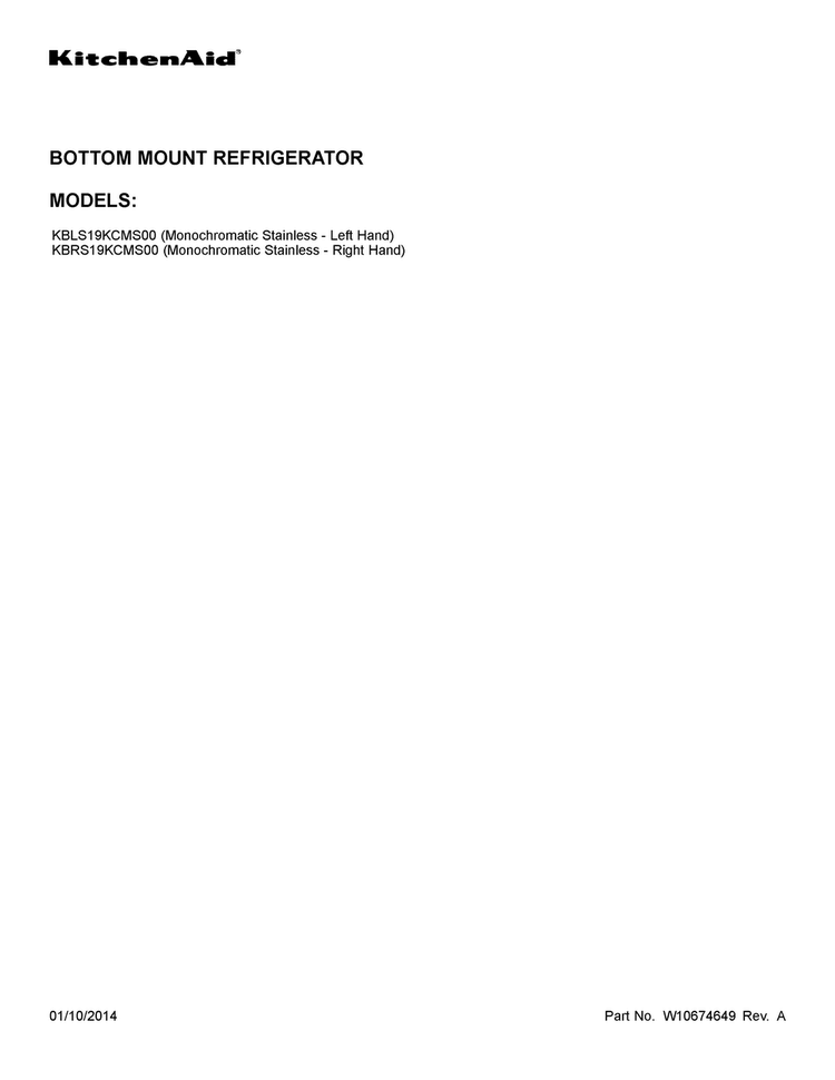Cover Sheet Diagram and Parts List for KBRS19KCMS00  KitchenAid Refrigerator