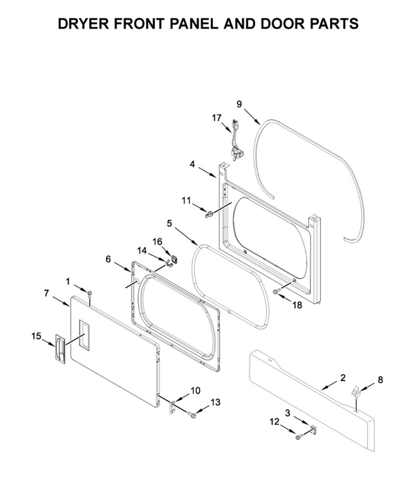 Dryer Front Panel And Door Parts Diagram and Parts List for WGTLV27HW1  Whirlpool Washer Dryer Combo