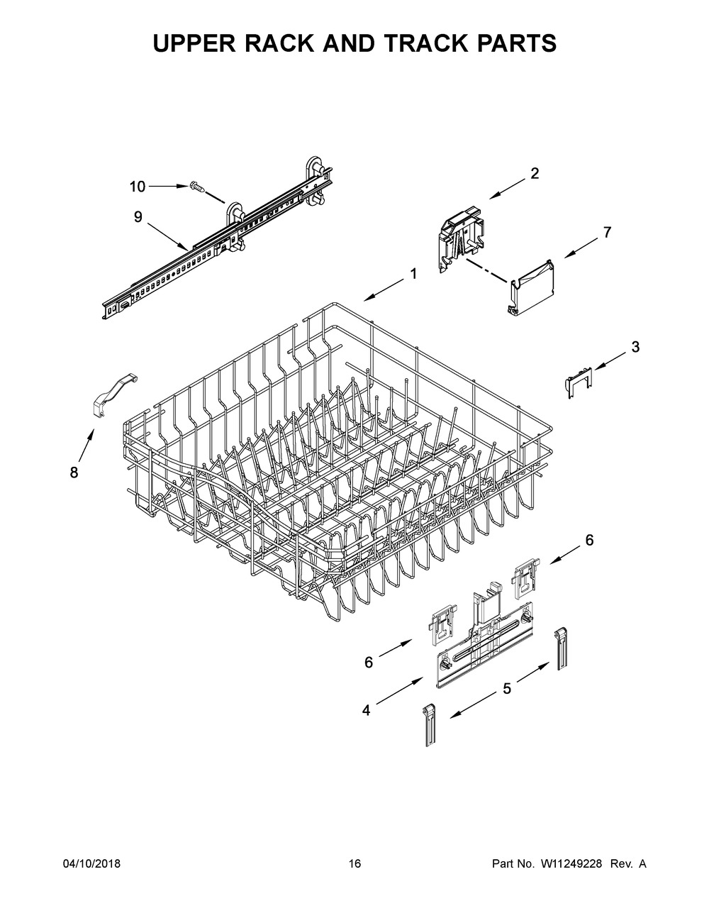Upper Rack And Track Parts Diagram and Parts List for IDT930SAGX0  Whirlpool Dishwasher