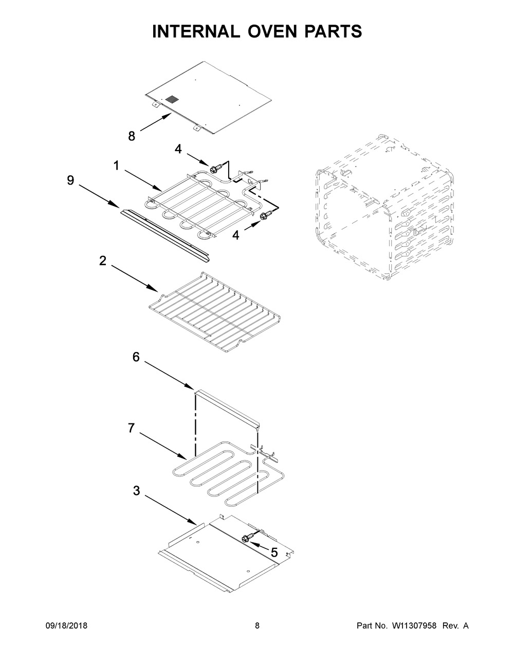 Internal Oven Parts Diagram and Parts List for KOST107ESS03  Whirlpool Wall Oven