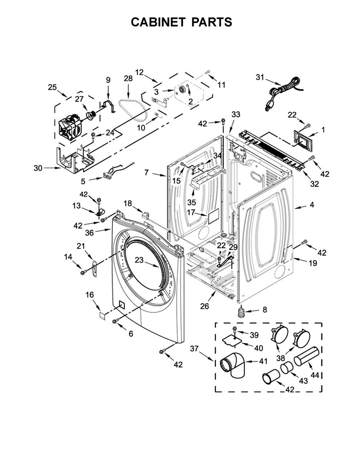 Cabinet Parts Diagram and Parts List for WGD7540FW0  Whirlpool Dryer