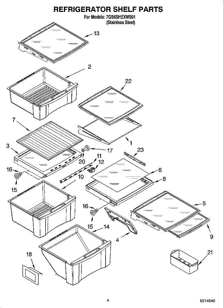 REFRIGERATOR SHELF PARTS Diagram and Parts List for 7GS6SHEXMS01  Whirlpool Refrigerator