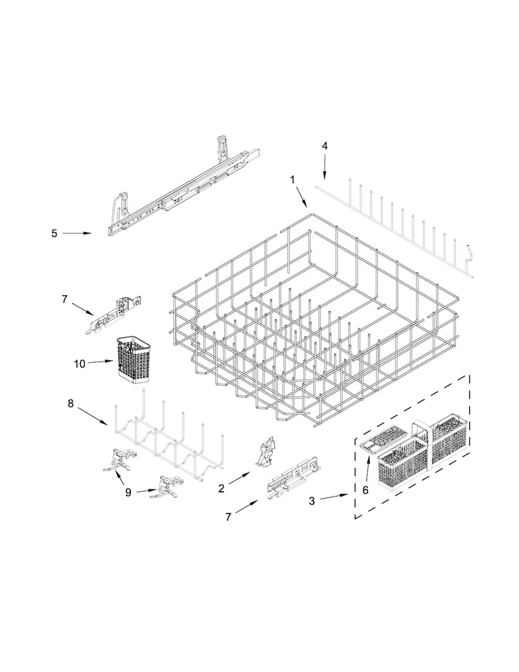 Lower Rack And Track Parts Diagram and Parts List for KDTM404ESS1  KitchenAid Dishwasher
