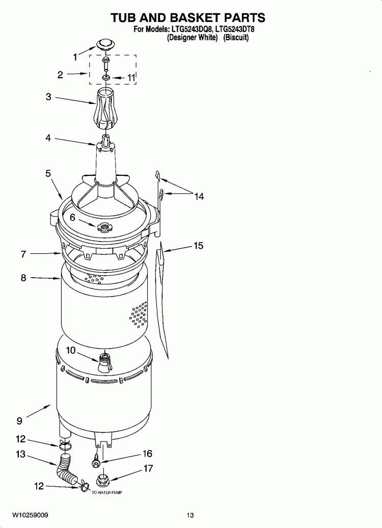 TUB AND BASKET PARTS Diagram and Parts List for LTG5243DT8  Whirlpool Washer Dryer Combo