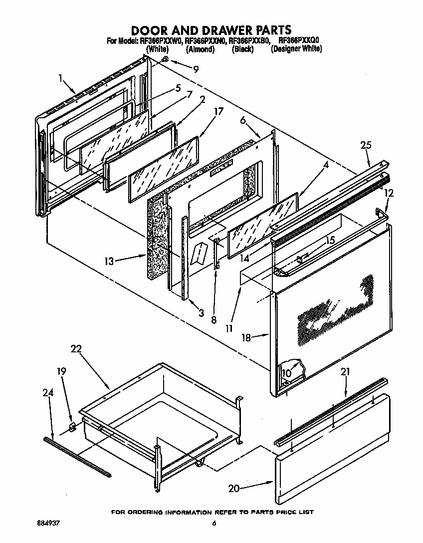 Door And Drawer Diagram and Parts List for RF3660XXW0  Whirlpool Range