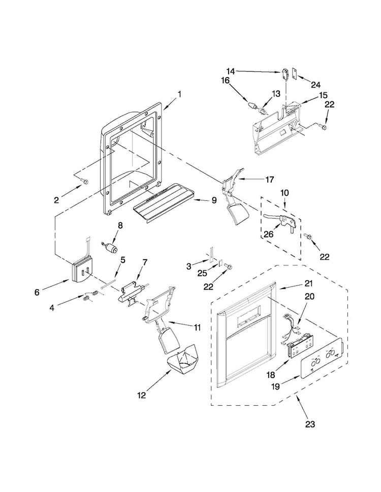 Dispenser Front Parts Diagram and Parts List for 10651103111  Kenmore Refrigerator