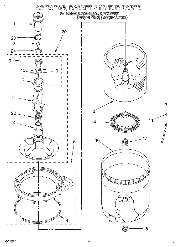 AGITATOR, BASKET AND TUB Diagram and Parts List for 2LSR5233BZ1  Whirlpool Washer