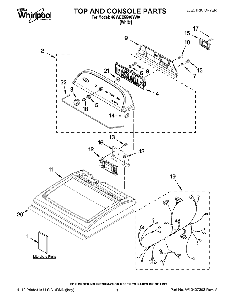 TOP AND CONSOLE PARTS Diagram and Parts List for 4GWED5500YW0  Whirlpool Dryer