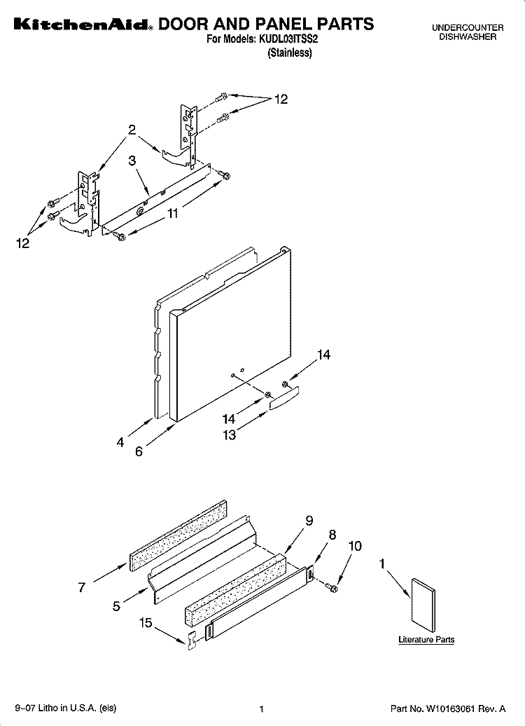 DOOR AND PANEL PARTS Diagram and Parts List for KUDL03ITSS2  KitchenAid Dishwasher