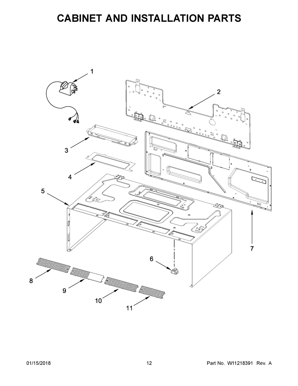 Cabinet And Installation Parts Diagram and Parts List for WML55011HW0  Whirlpool Microwave