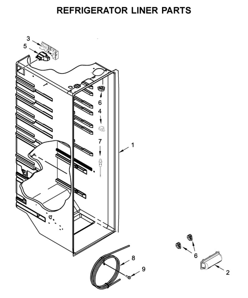 Refrigerator Liner Parts Diagram and Parts List for WRS315SDHT04  Whirlpool Refrigerator