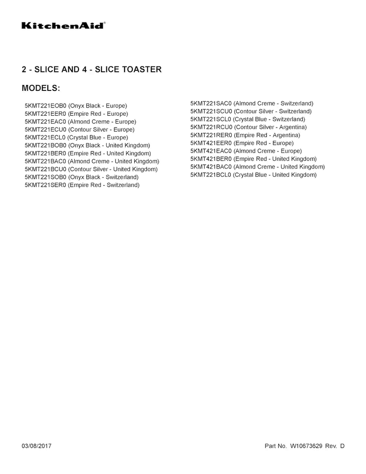 Cover Sheet Diagram and Parts List for 5KMT221SAC0  KitchenAid Toaster
