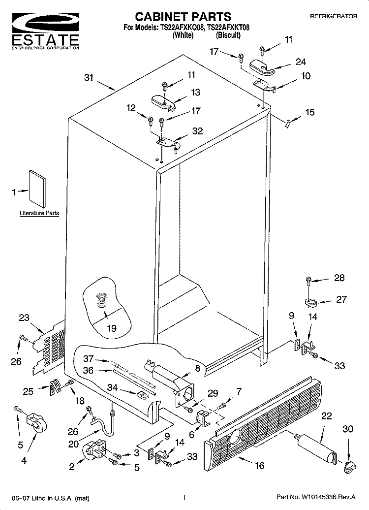 CABINET PARTS Diagram and Parts List for TS22AFXKT08  Estate Refrigerator