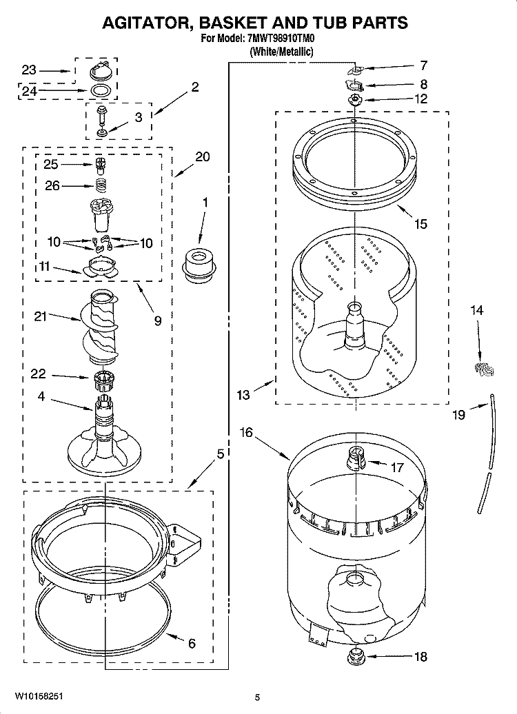 AGITATOR, BASKET AND TUB PARTS Diagram and Parts List for 7MWT98910TM0  Whirlpool Washer