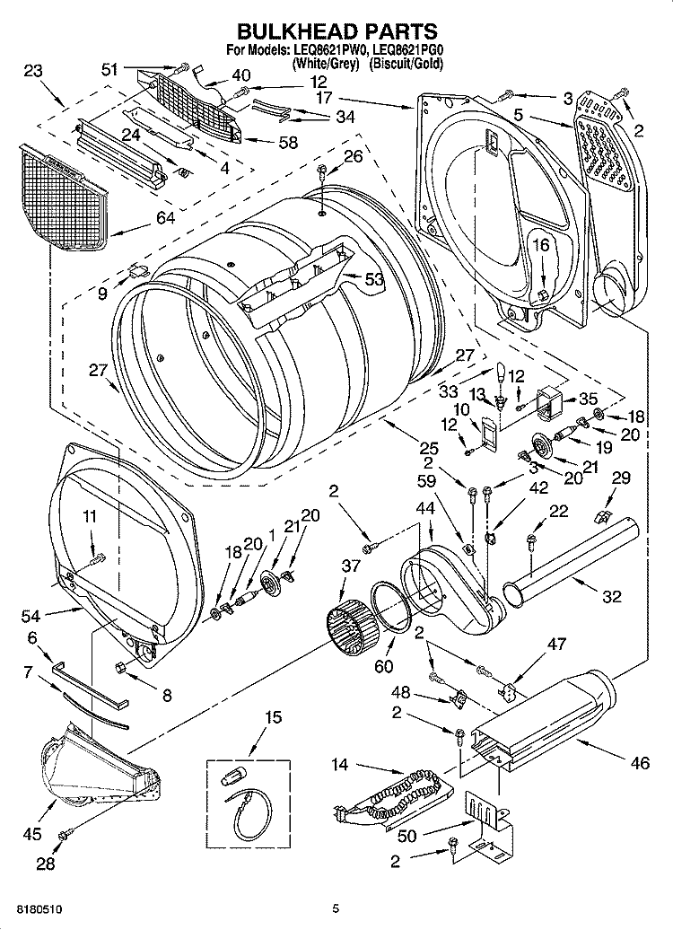 BULKHEAD PARTS, OPTIONAL PARTS (NOT INCLUDED) Diagram and Parts List for LEQ8621PW0  Whirlpool Dryer