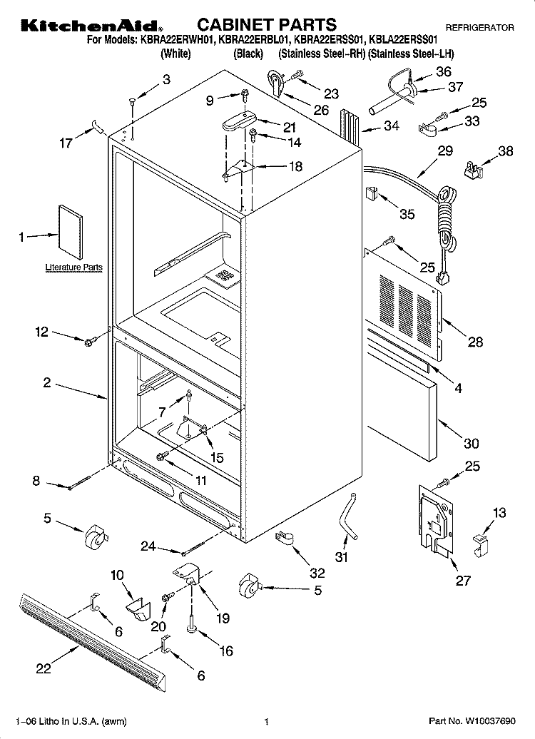 CABINET PARTS Diagram and Parts List for KBLA22ERSS01  KitchenAid Refrigerator
