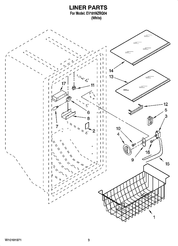 LINER PARTS Diagram and Parts List for EV181NZRQ04  Whirlpool Freezer