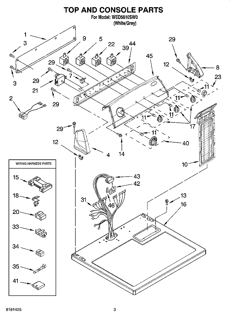 TOP AND CONSOLE PARTS Diagram and Parts List for WED5810SW0  Whirlpool Dryer