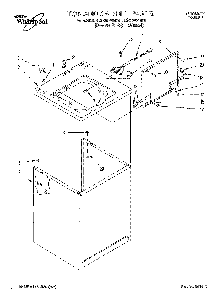TOP AND CABINET Diagram and Parts List for 4LSC8255BN4  Whirlpool Washer