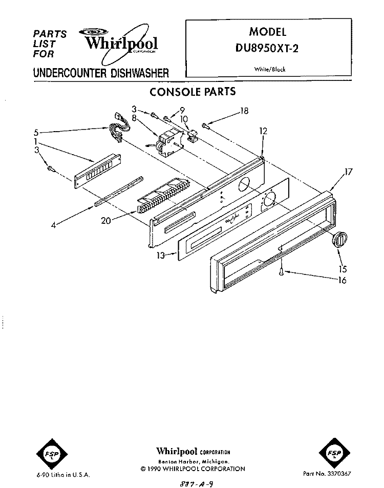 CONSOLE Diagram and Parts List for DU8950XT2  Whirlpool Dishwasher