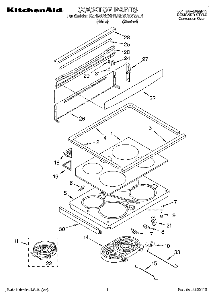 COOKTOP Diagram and Parts List for KERC607EAL4  KitchenAid Range