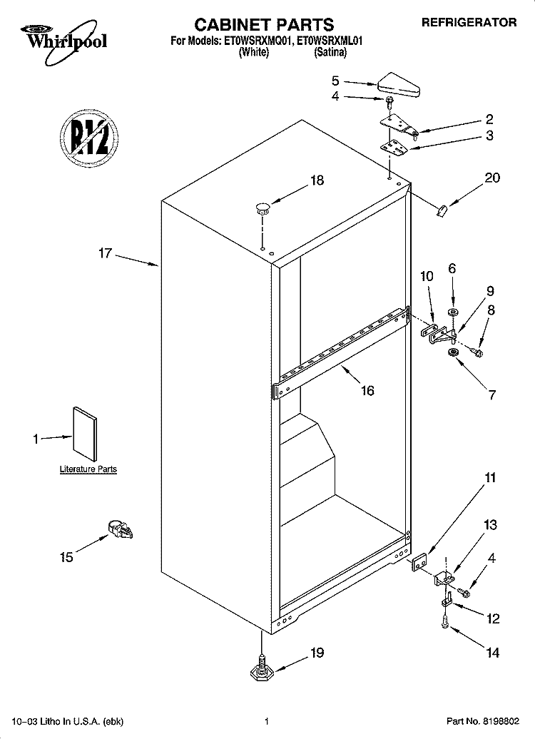 CABINET PARTS Diagram and Parts List for ET0WSRXMQ01  Whirlpool Refrigerator
