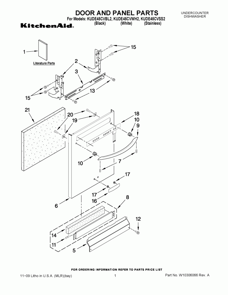 DOOR AND PANEL PARTS Diagram and Parts List for KUDE45CVBL2  KitchenAid Dishwasher
