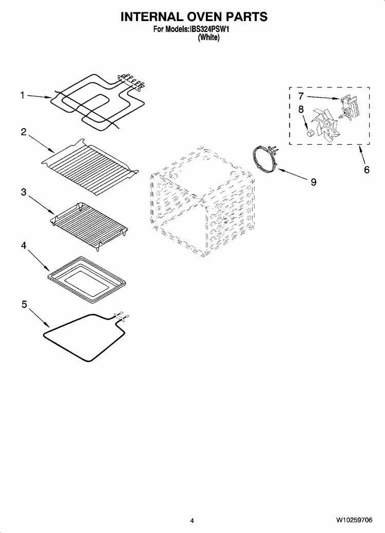 INTERNAL OVEN PARTS Diagram and Parts List for IBS324PSW1  Whirlpool Wall Oven