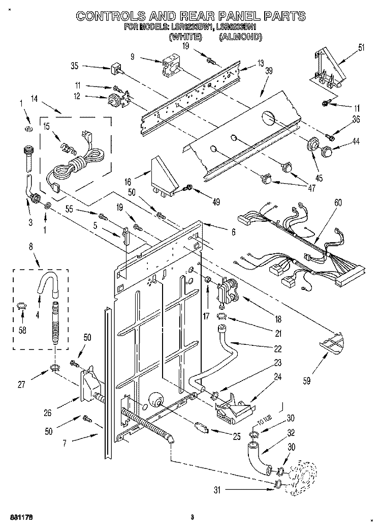 CONTROLS AND REAR PANEL Diagram and Parts List for LSR6233BW1  Whirlpool Washer